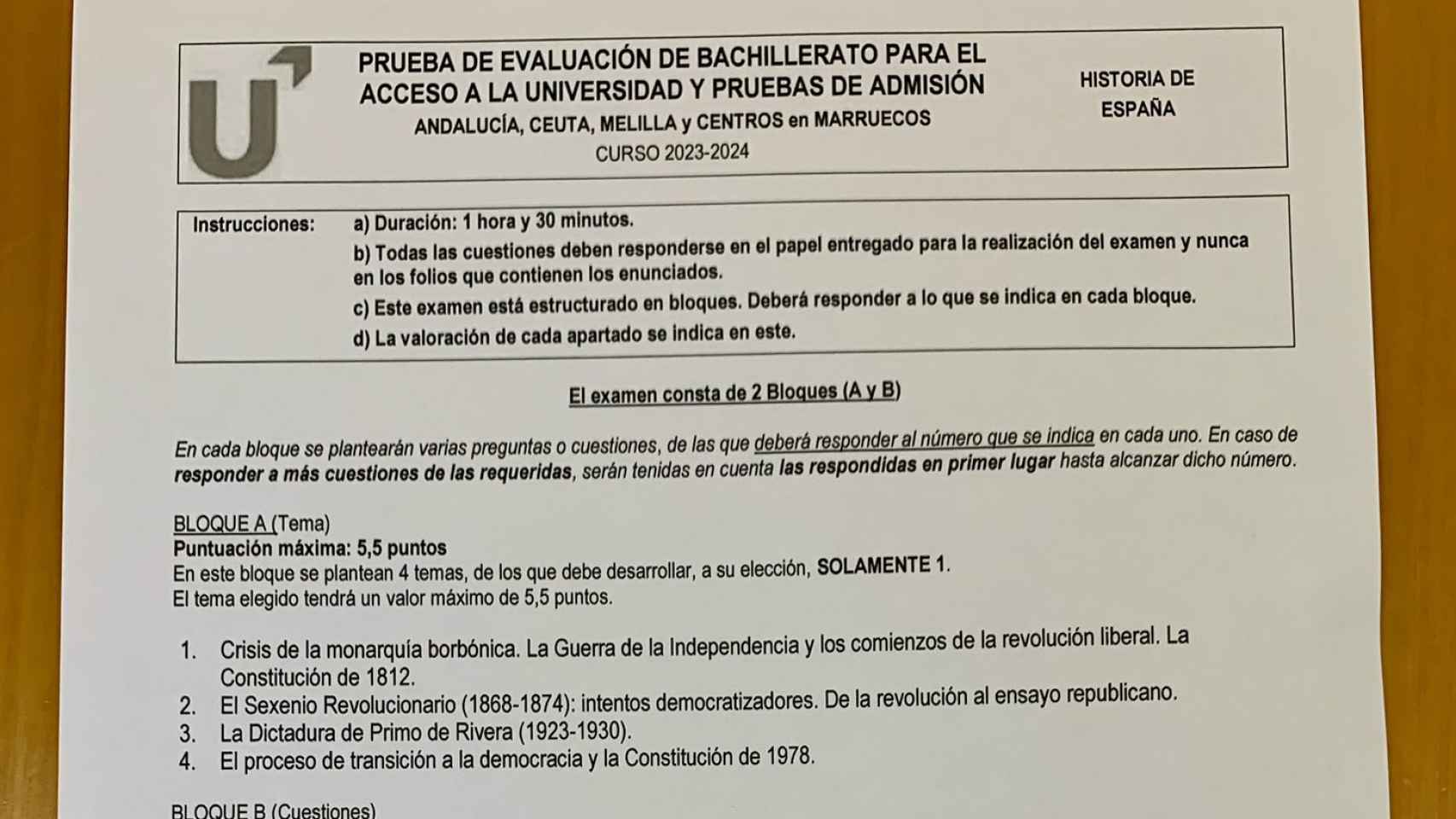 Examen de Historia de España en la Selectividad 2024.