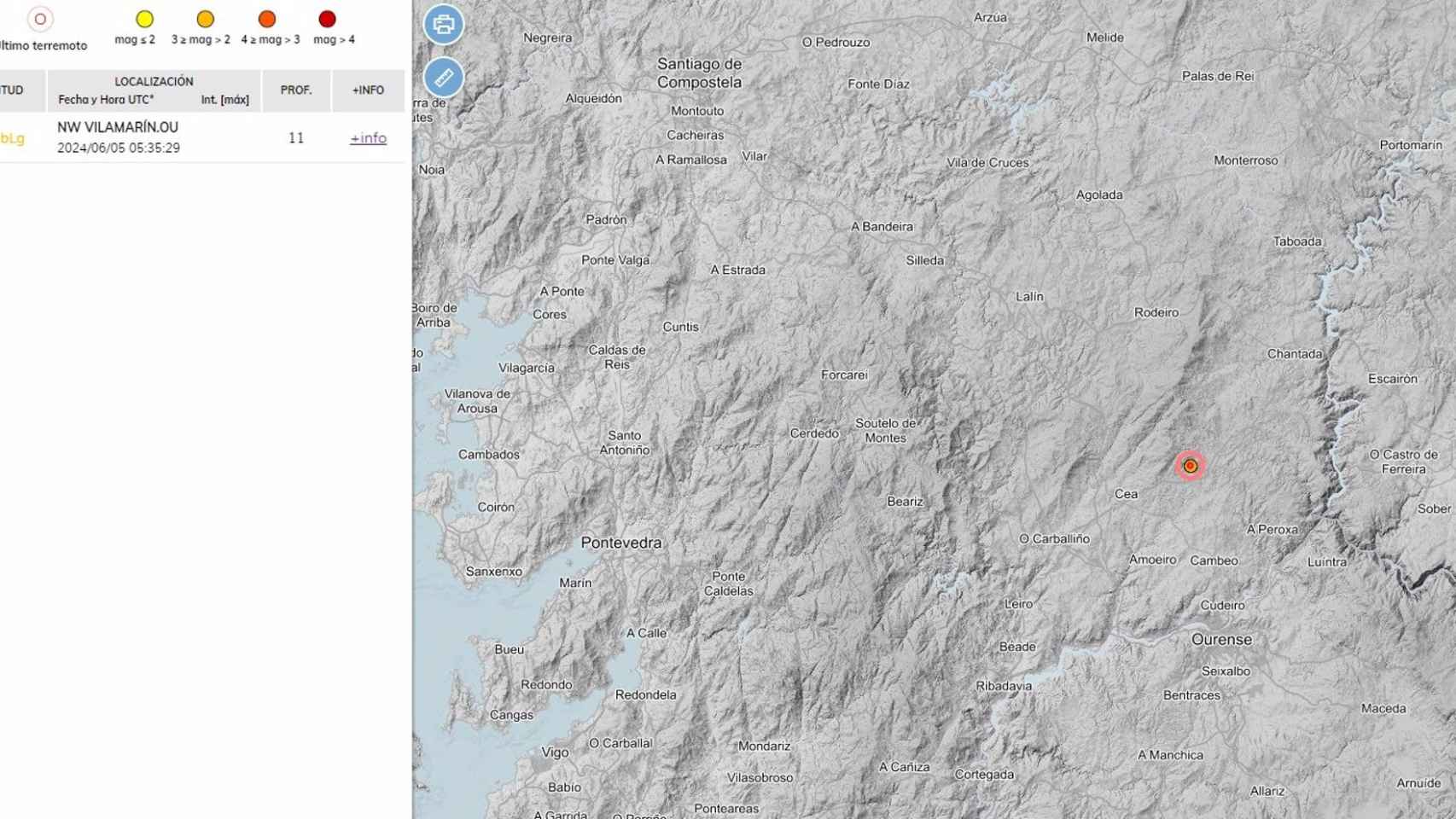 Registrado un terremoto de magnitud 2,4 en Vilamarín (Ourense)