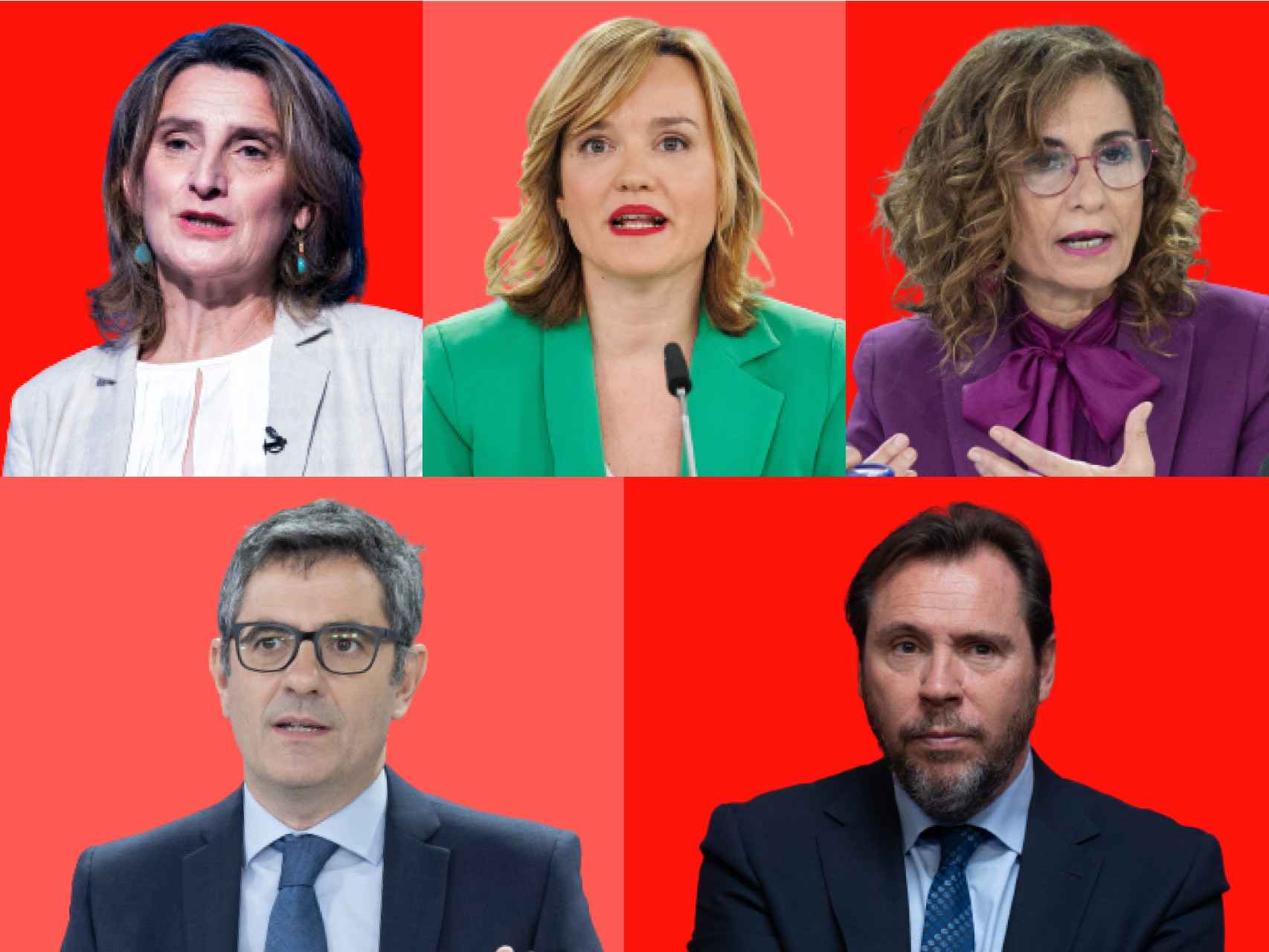 De arriba abajo y de izquierda a derecha: Teresa Ribera, Pilar Algría, María Jesús Montero, Félix Bolaños y Óscar Puente.