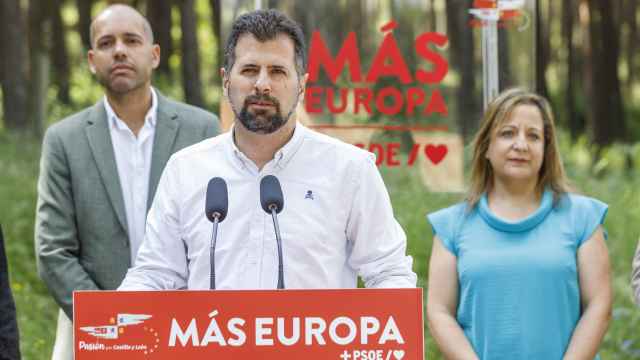 El secretario general del PSOE de Castilla y León, Luis Tudanca, durante su intervención en Valsaín, este miércoles