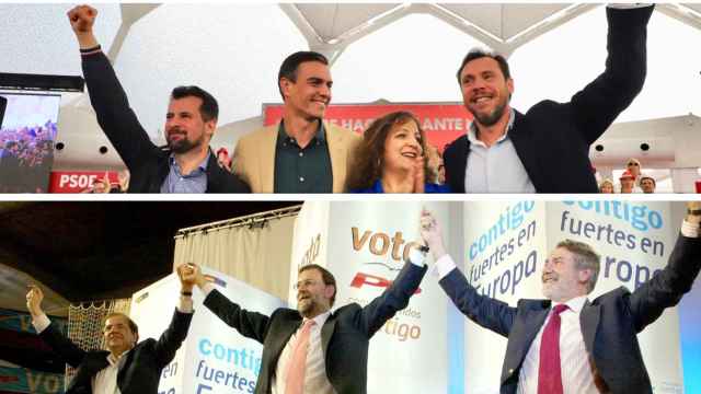 Arriba, Tudanca, Sánchez, García y Puente en la campaña de este año. Abajo, en 2014, Herrera, Rajoy y Mayor Oreja