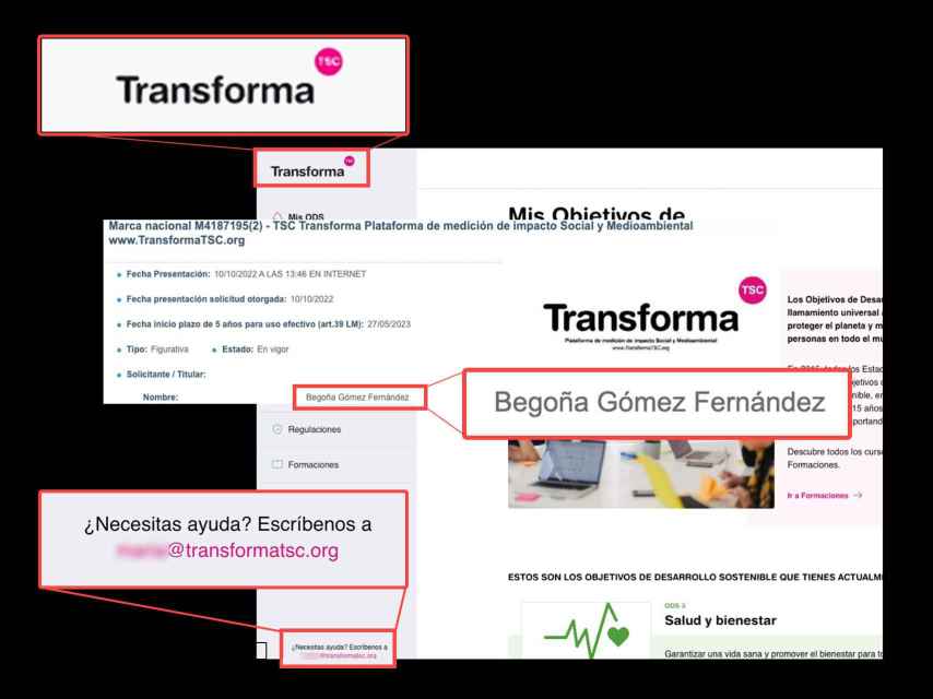El 'software' de Begoña Gómez y el registro de la marca Transforma TSC en un fotomontaje.