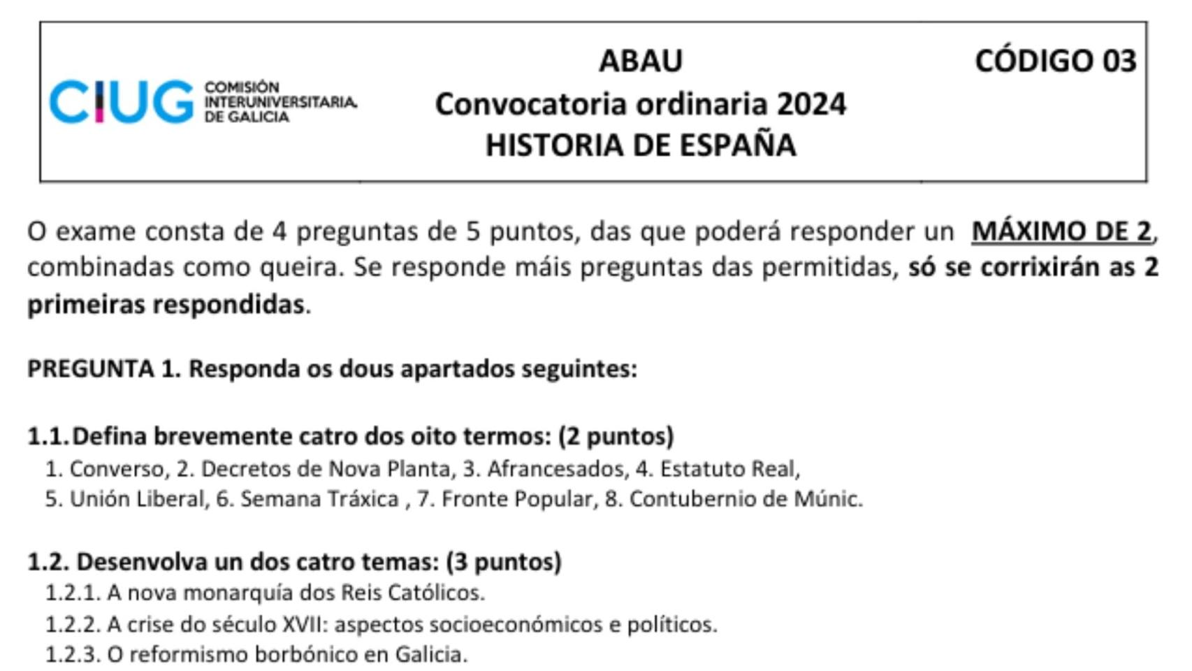 Este es el examen de Historia de España que ha caído en la Selectividad 2024 de Galicia