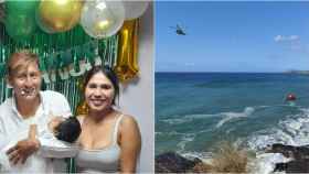 Lisma junto al difunto Vladimir, sujetando en brazos a la hija de ambos, en una celebración familiar. Al lado, la playa de Percheles en Mazarrón donde perdió la vida Vladimir este domingo.