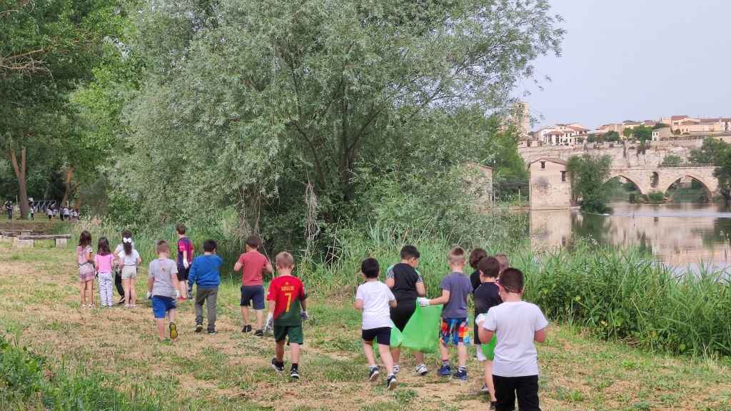 Los niños recogiendo la basura de la orilla del Duero