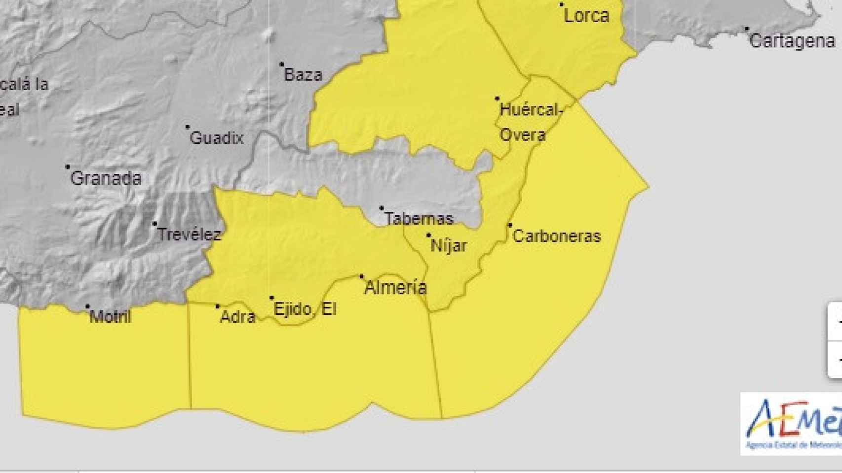 La alerta amarilla de la Aemet en Granada y Almería.