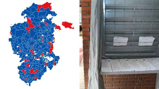 Mapa de los resultados electorales en la provincia de Burgos y un colegio electoral en un montaje de EL ESPAÑOL de Castilla y León
