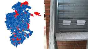 Mapa de los resultados electorales en la provincia de Burgos y un colegio electoral en un montaje de EL ESPAÑOL de Castilla y León