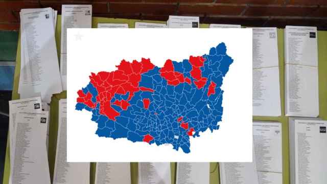 El mapa de los resultados en las europeas en la provincia de León y una imagen de papeletas en la jornada electoral, en un montaje de EL ESPAÑOL