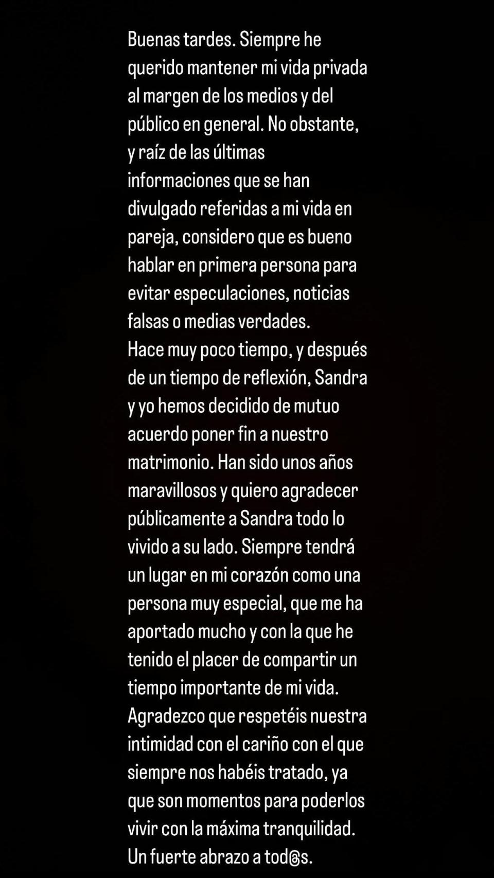 Comunicado de Marco Asensio compartido en redes sociales.