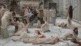 'Las mujeres de Anfisia'.  Lienzo de Lawrence Alma-Tadema basado en un relato de Plutarco.