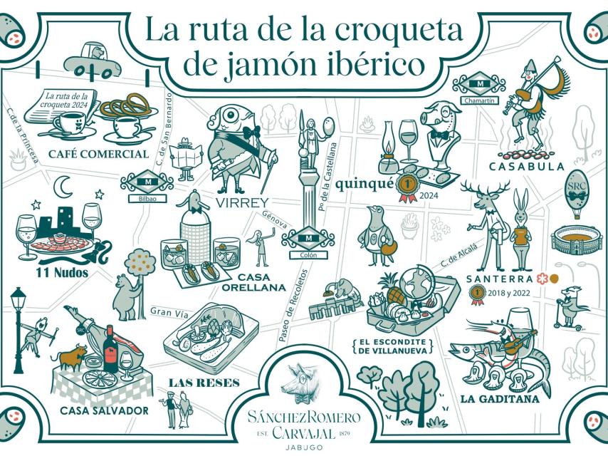 Mapa de la ruta de la Croqueta de Jamón Ibérico Sánchez Romero Carvajal.