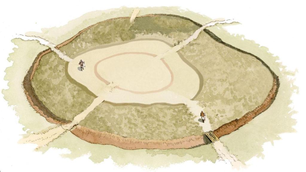 Ilustración idealizada del recinto de fosos prehistóricos.
