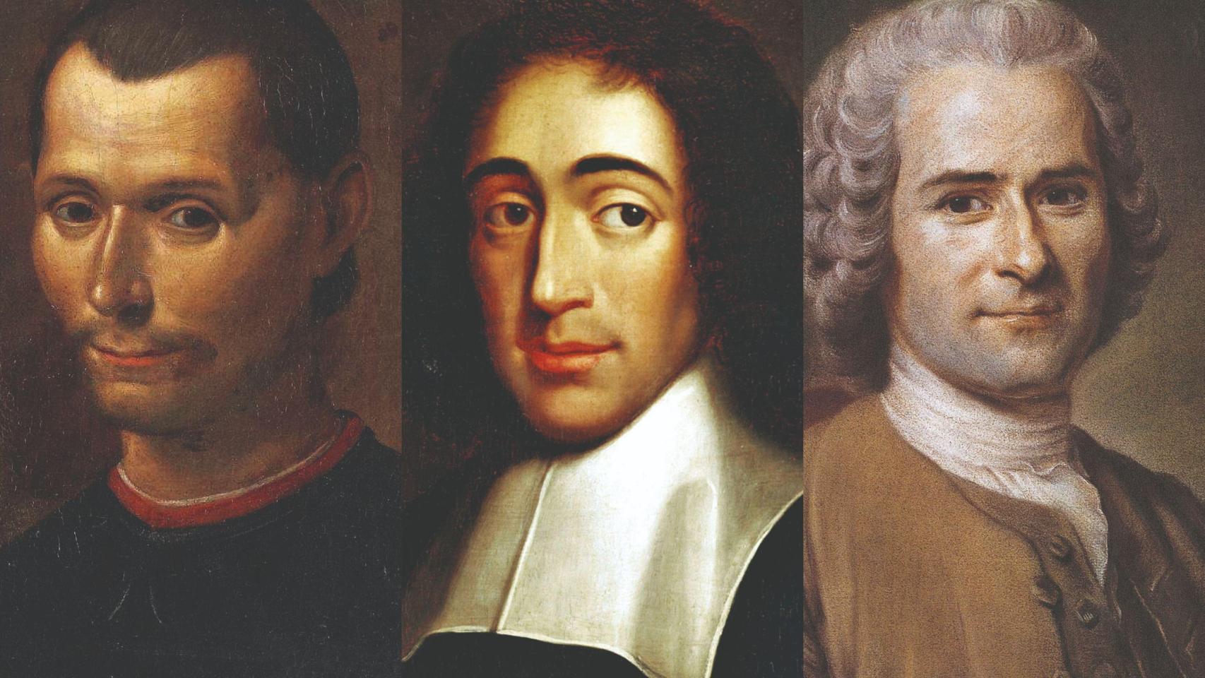 De izquierda a derecha: Niccola Machiavelo, Baruch Spinoza y Jean-Jaques Rousseau.