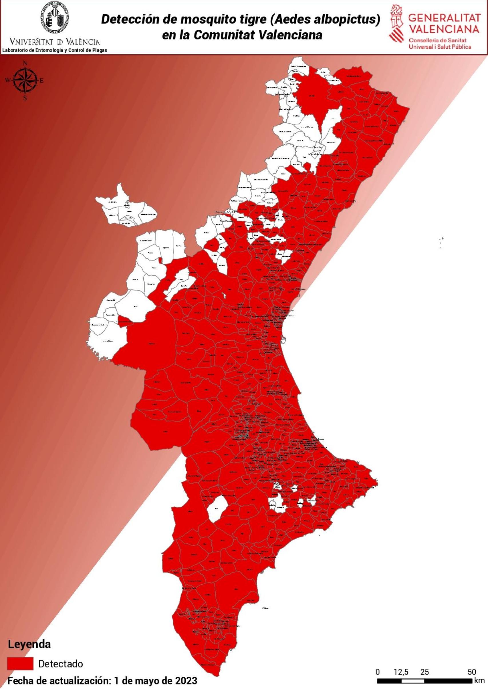 Mapa de la detección del mosquito tigre en la Comunitat Valenciana (2023). GVA