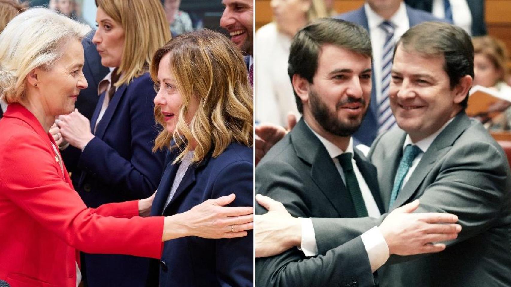 La presidenta de la Comisión Europea, Ursula Von der Leyen, con la primera ministra italiana, Giorgia Meloni, y el vicepresidente de la Junta, Juan García-Gallardo, con el presidente, Alfonso Fernández Mañueco, en un montaje de EL ESPAÑOL