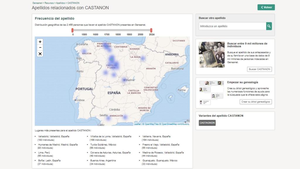 El mapa de Geneanet con los resultados de un apellido.