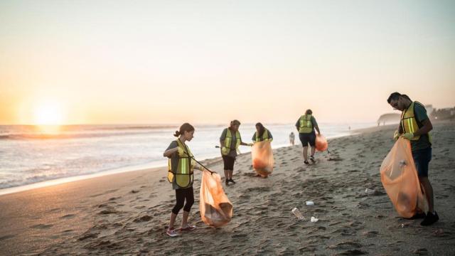 Personas limpiando la playa de basura y plásticos.