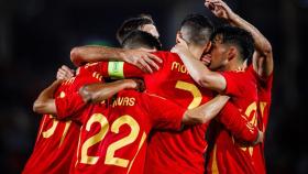 Los jugadores de la selección española celebran un gol