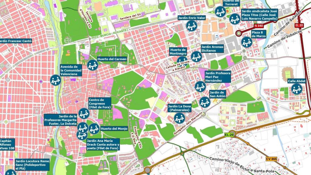 Este es el plano que detalla el Ayuntamiento para la renovación de parques infantiles en Elche.