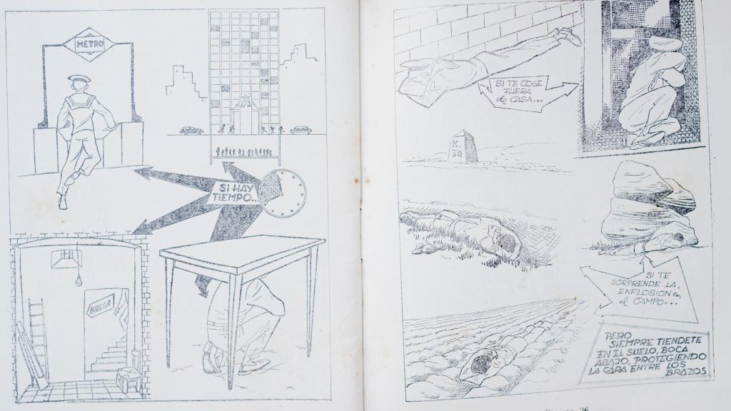 Ilustraciones que muestran como protegerse de una explosión nuclear.