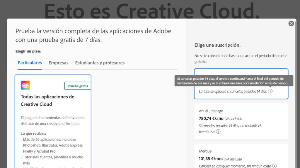 Adobe preselecciona la suscripción anual con pago mensual para el usuario