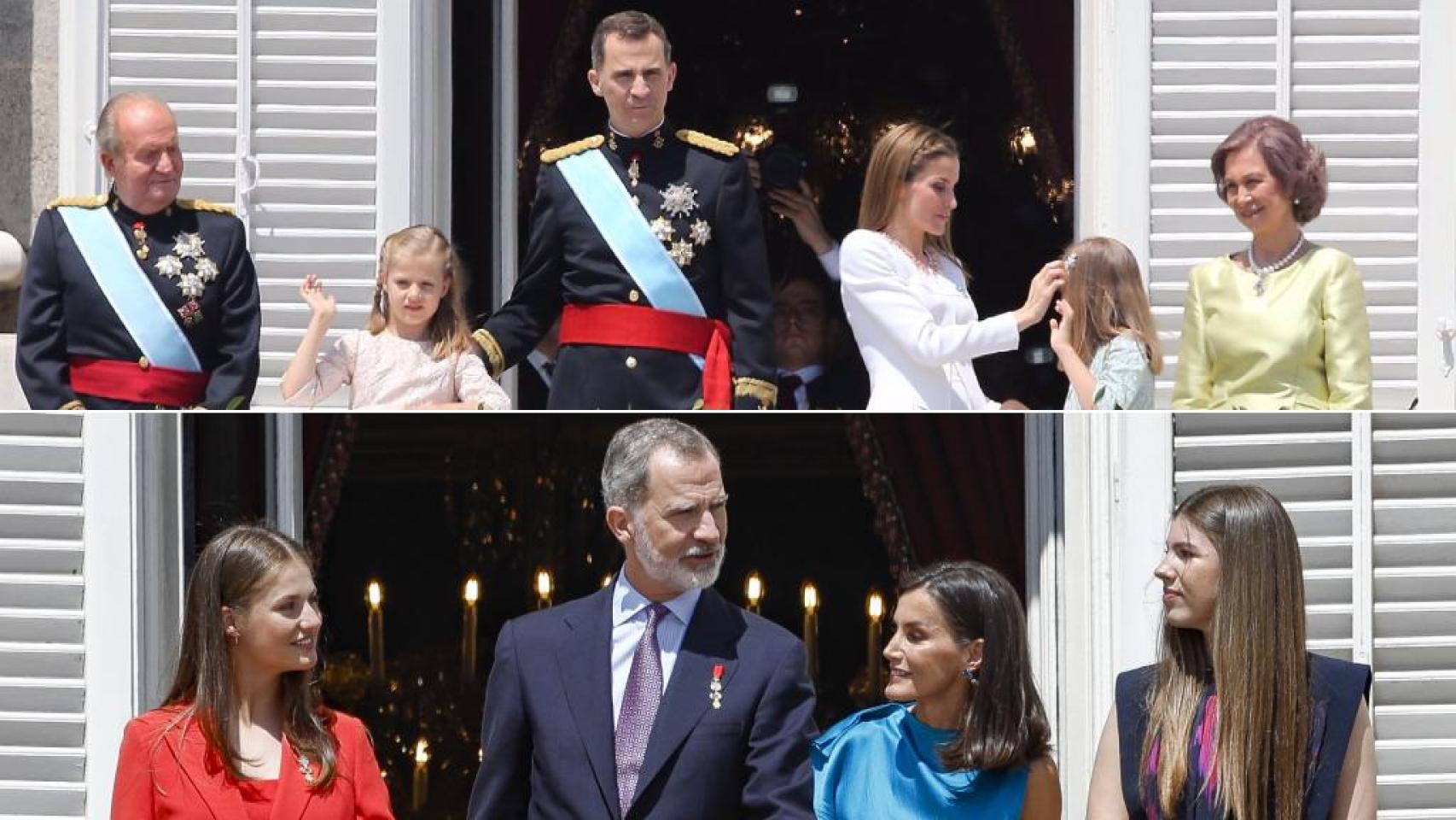 Arriba, la Familia Real junto a los Eméritos en la proclamación de Felipe VI. Abajo, el saludo de los Reyes y sus hijas este pasado miércoles.  Montaje de El Español.