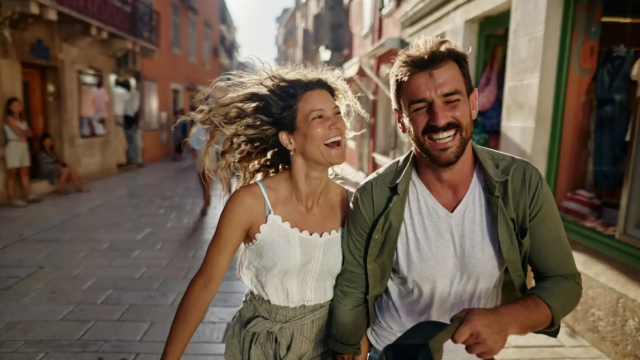 Dos personas pasando un momento alegre en la calle.