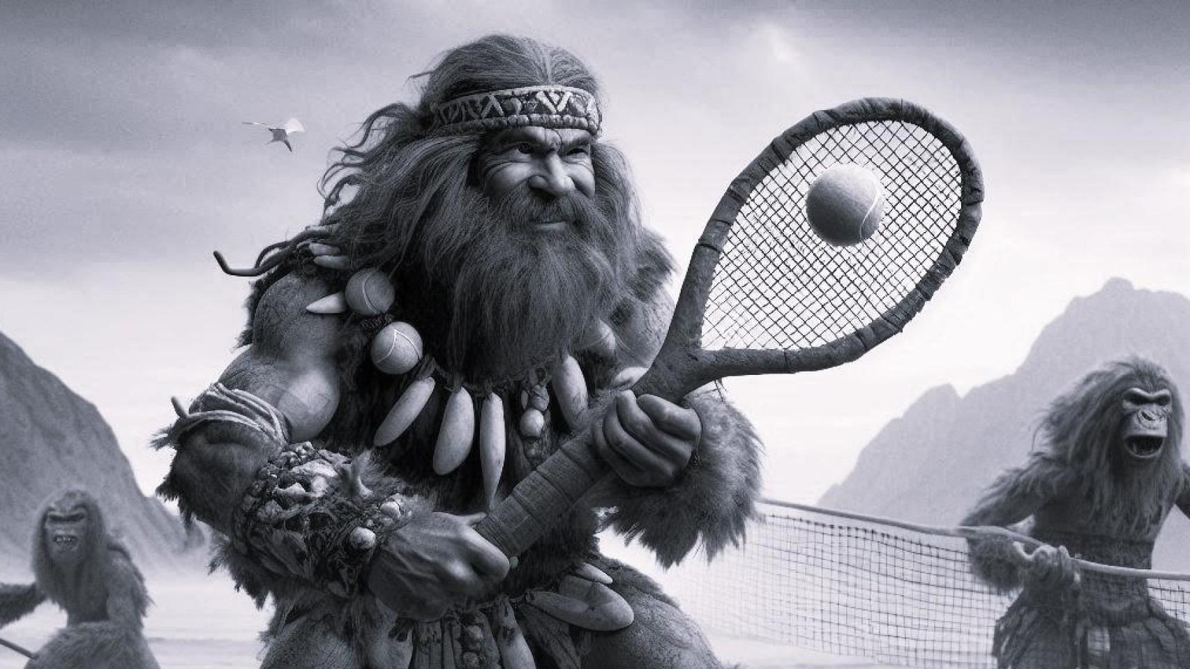 Imagen generada de un hombre de las cavernas jugando al tenis.