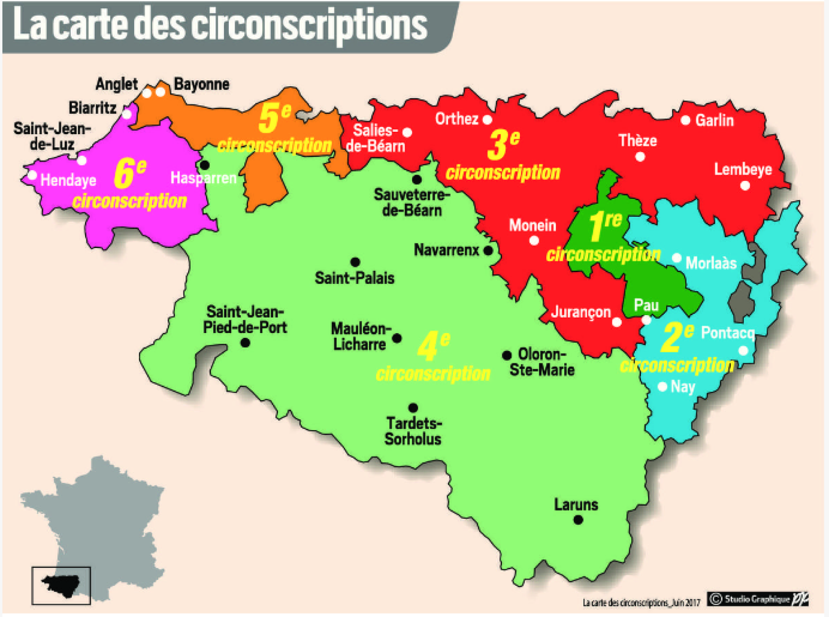 Mapa de las circunscripciones electorales del departamento de Pirineos Atlánticos para las elecciones legislativas en Francia.