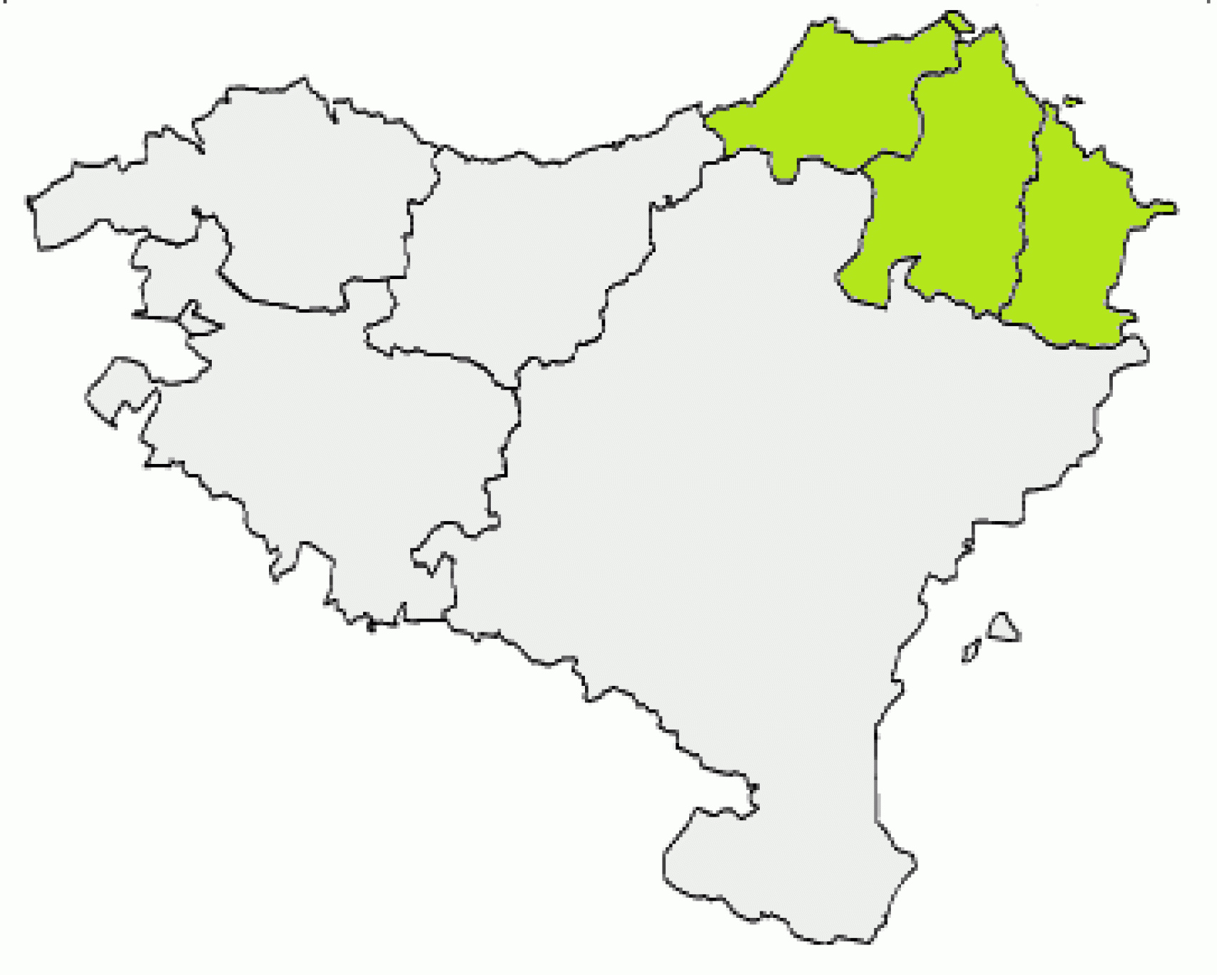 Mapa con las provincias vascas y Navarra en gris y con las provincias del País Vasco francés en verde.