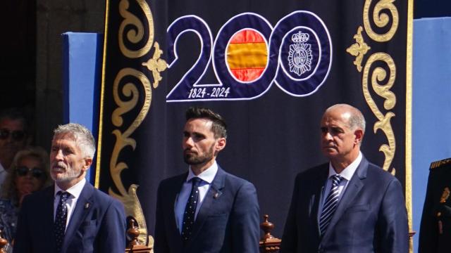 El ministro del Interior, Fernando Grande-Marlaska; el secretario de Estado de Seguridad, Rafael Pérez Ruiz, y el director de la Policía, Francisco Pardo Piqueras.
