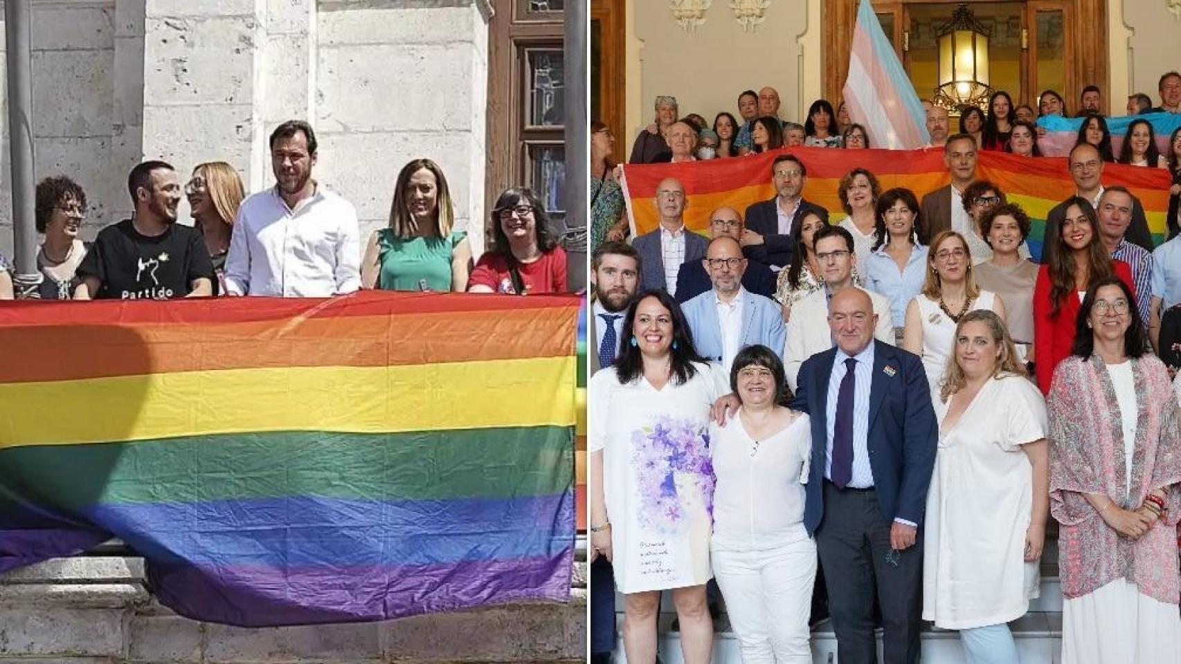 El exalcalde de Valladolid Óscar Puente con la bandera LGTBI en el balcón durante su mandato y el acto institucional organizado por el popular Jesús Julio Carnero el año pasado, en un montaje de EL ESPAÑOL