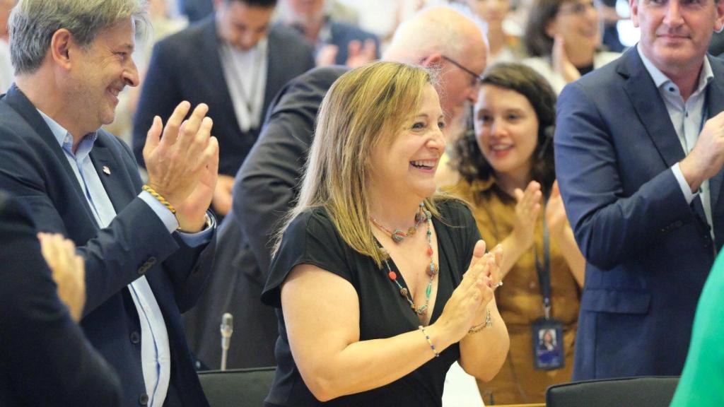 La eurodiputada Iratxe García tras su reelección como presidenta de los socialdemócratas en el Parlamento Europeo, este martes