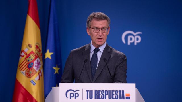El líder del PP, Alberto Núñez Feijóo, este martes en la sede de Génova.