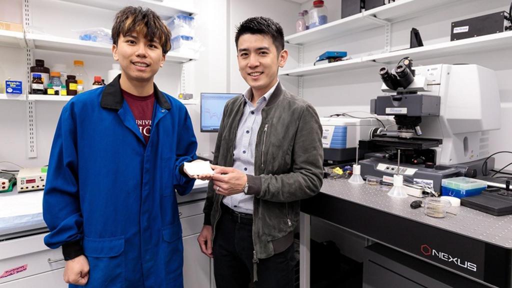 Chenxi Sui (izquierda) y Po-Chun Hsu en el laboratorio con una muestra del nuevo tejido refrigerante.