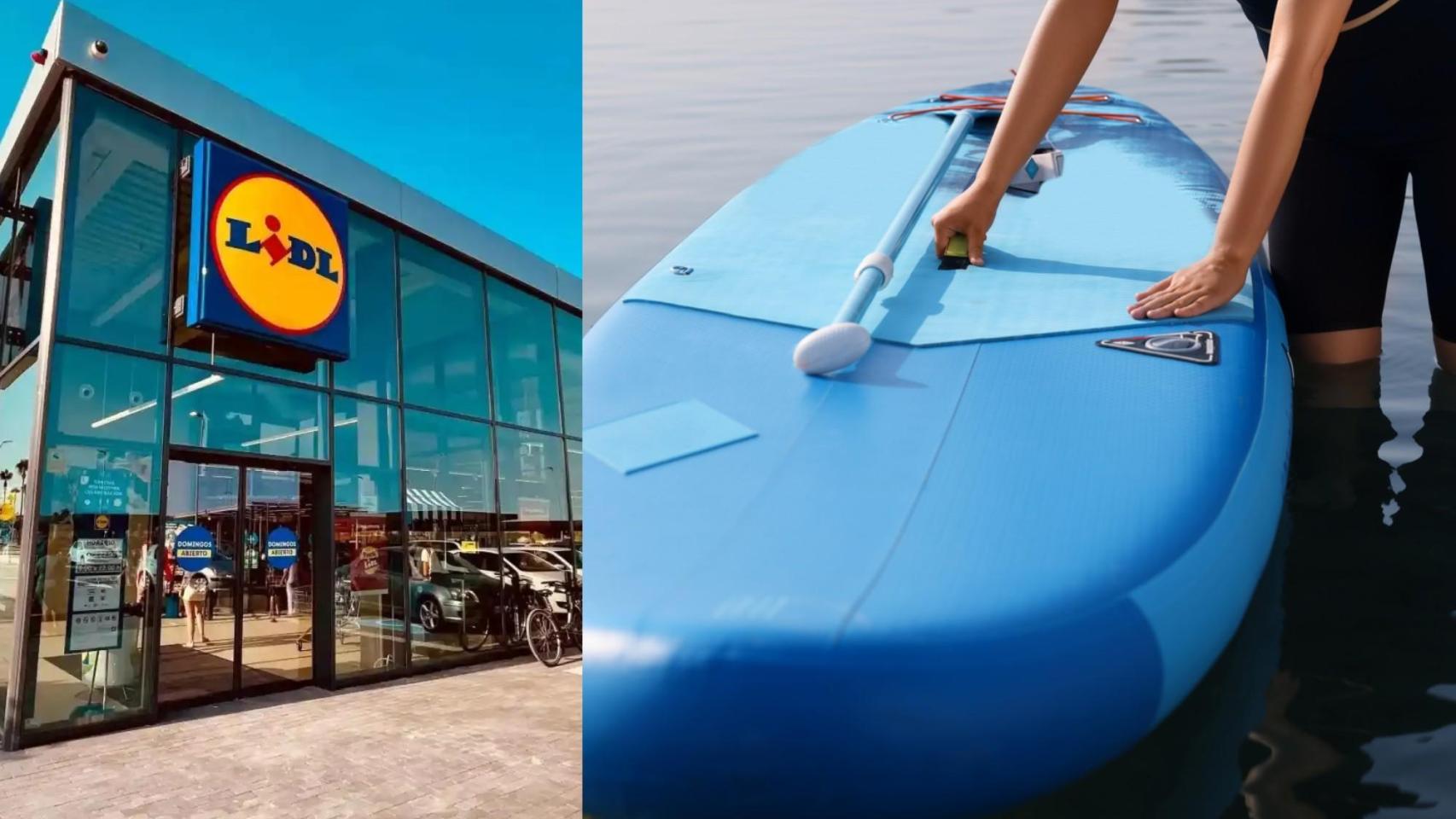 Supermercado Lidl y tabla de paddle surf.