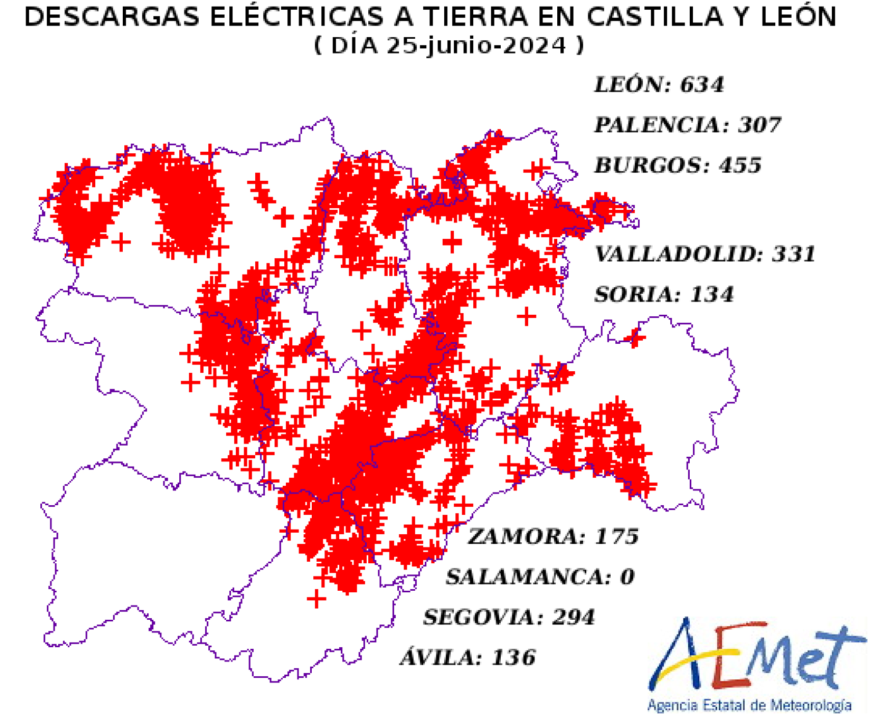 Mapa de las descargas eléctricas de Castilla y León el 25 de junio