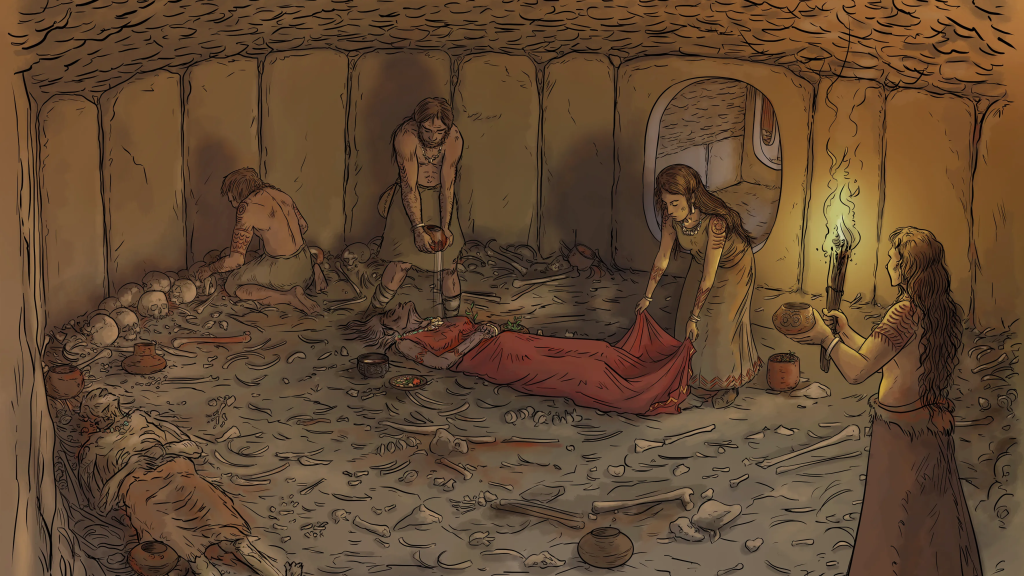 Ilustración idealizada de un ritual funerario en uno de los tholos.