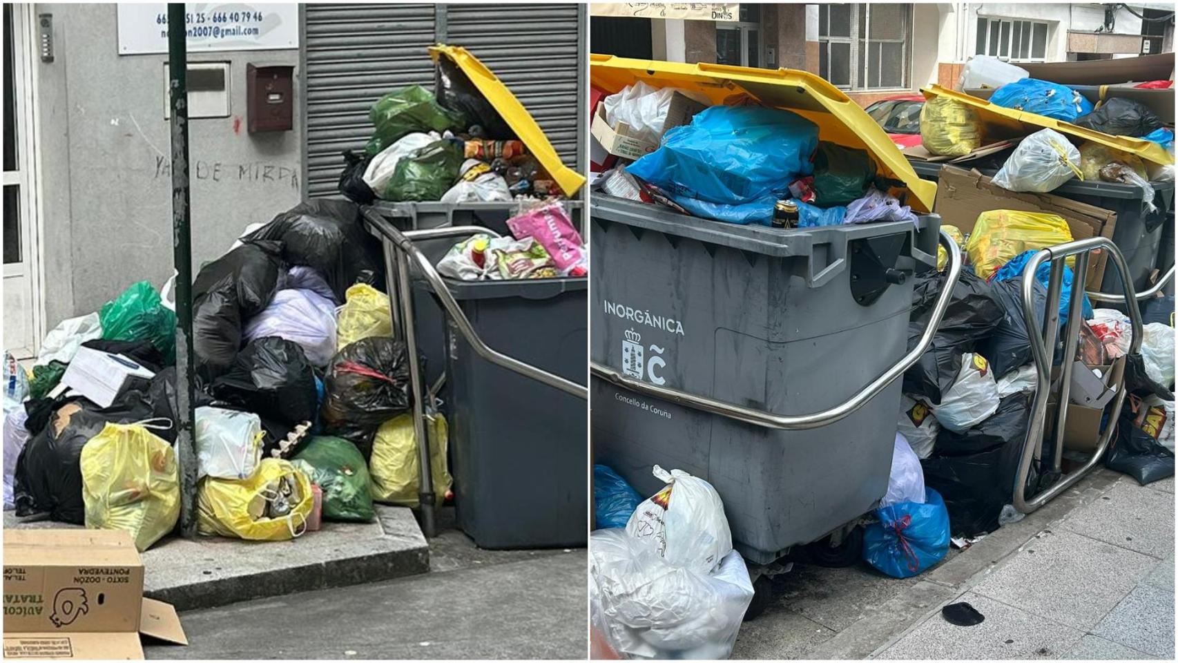 Contenedores con basura acumulada tras la huelga en A Coruña