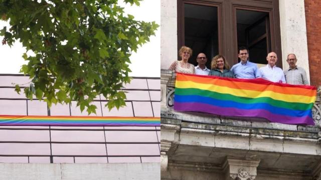 La bandera LGTBI colocada por el PSOE en las Cortes y los miembros del Grupo Socialista en el Ayuntamiento de Valladolid junto a la bandera desplegada en el balcón de sus despachos, en un montaje de EL ESPAÑOL