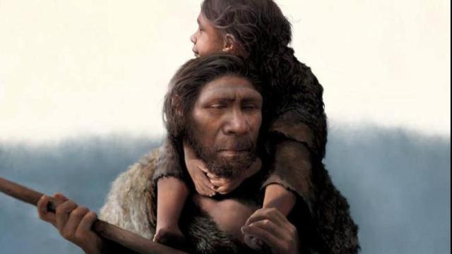 Recreación de un padre neandertal con su hija.