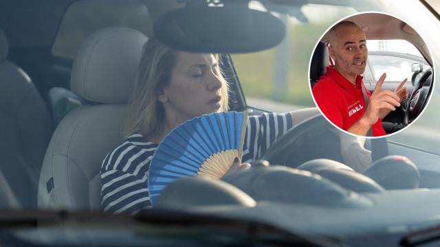 Una mujer abanicándose en un coche y una foto del profesor de autoescuela.