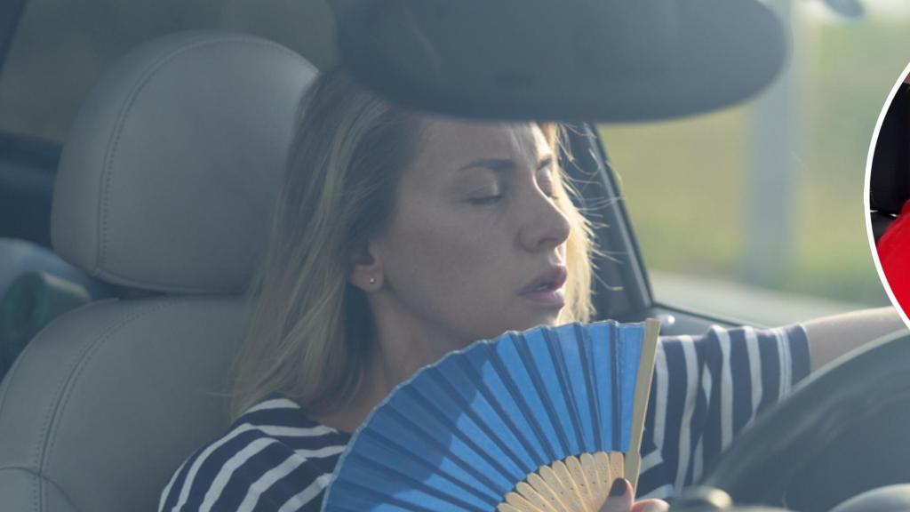 Una mujer abanicándose en un coche y una foto del profesor de autoescuela.