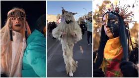 Varias personas disfrazadas para Boujloud festejan en la ciudad marroquí de Dcheira, al sur de Agadir.