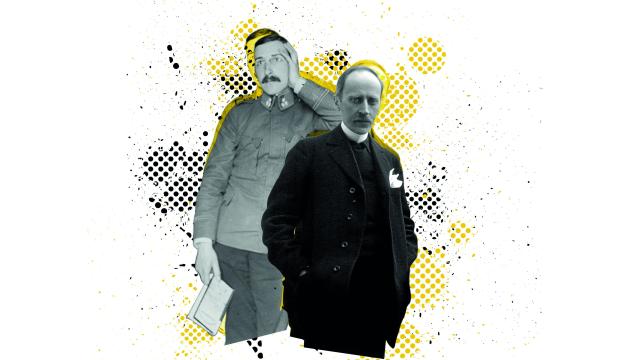 Stefan Zweig en el Archivo de Guerra, 1914. A su derecha, Romain Rolland, premio Nobel en 1915. Ilustración: Rubén Vique