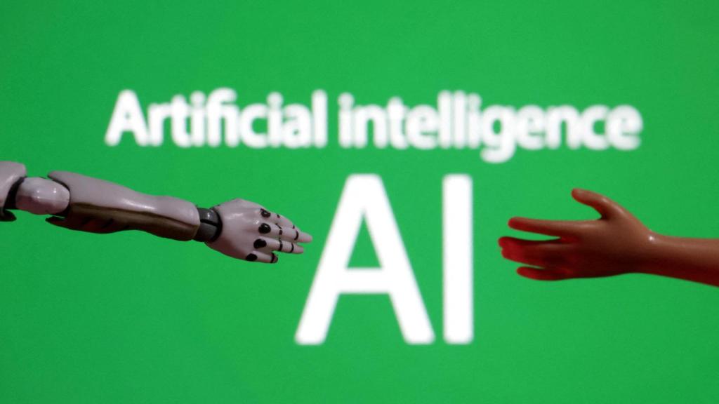 Recreación de un robot y un humano dándose la mano en IA.