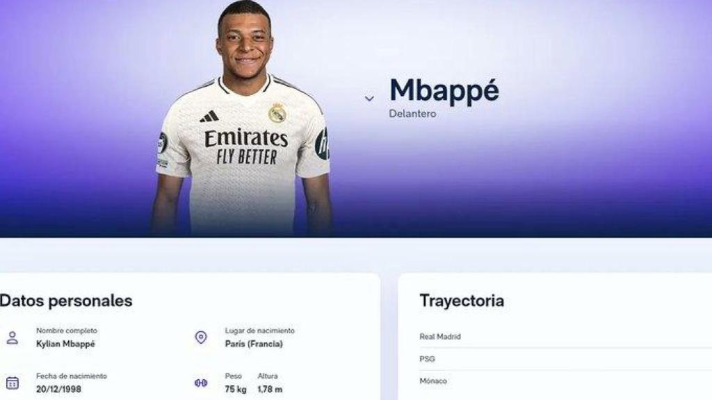 Perfil de Mbappé en la web del Real Madrid