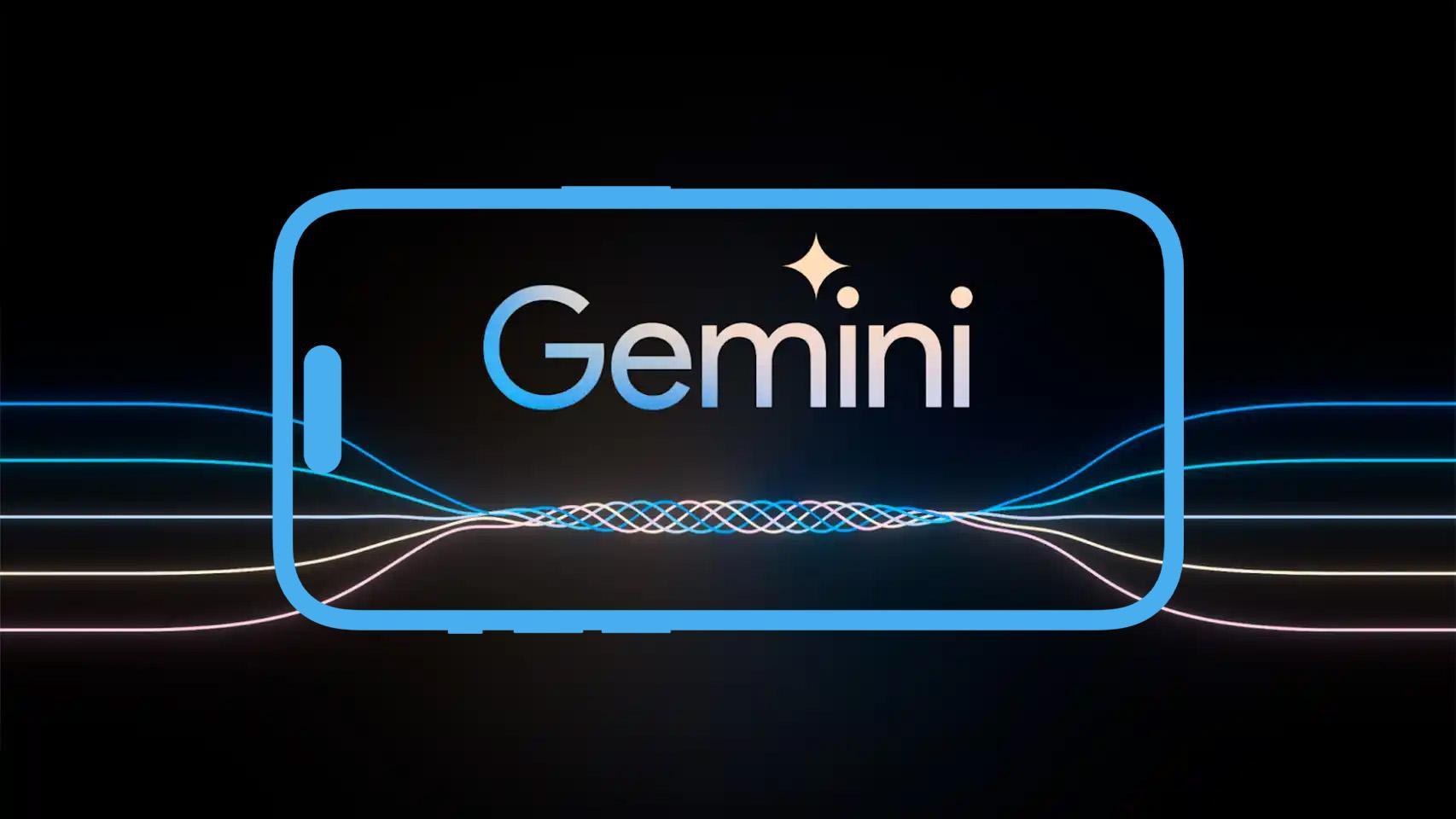 Fotomontaje con el logo de Gemini y un iPhone 14 Pro.