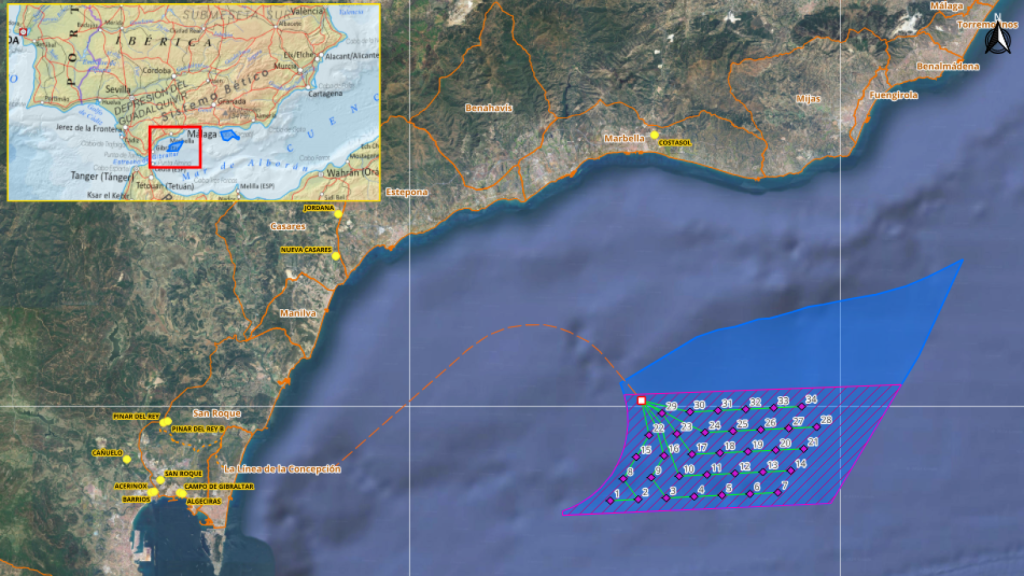 Zona de implantación del parque eólico Mileto frente a las costas de Málaga y Cádiz.